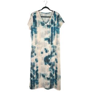 Tie Dye Blue Pink White V-Neck Summer Vacation Casual Maxi Dress Size Large